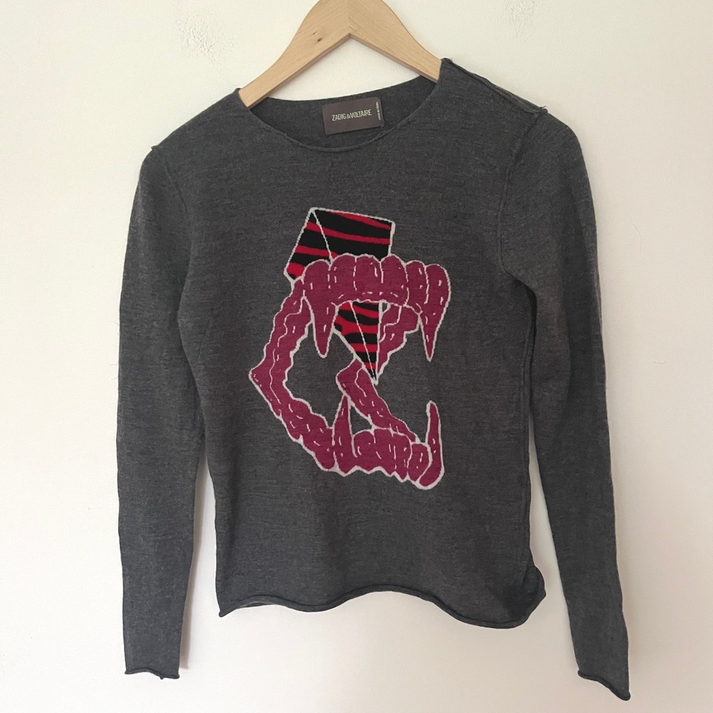 Zadig & Voltaire Grey Vampire Fangs Jaws Graphic Knit Sweater Top Merino Wool